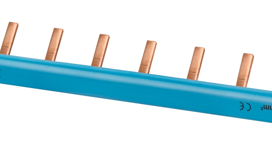 Bild von Stiftsammelschiene, 1-phasig 10mm2, 12 Stifte, Isolation blau schneidbar, mit Endkappen